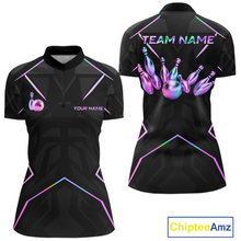 Load image into Gallery viewer, Black bowling shirt with colorful designs and 'Team Name' text on a white background