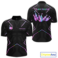 Load image into Gallery viewer, Black bowling shirt with colorful design and 'Team Name' text on a white background