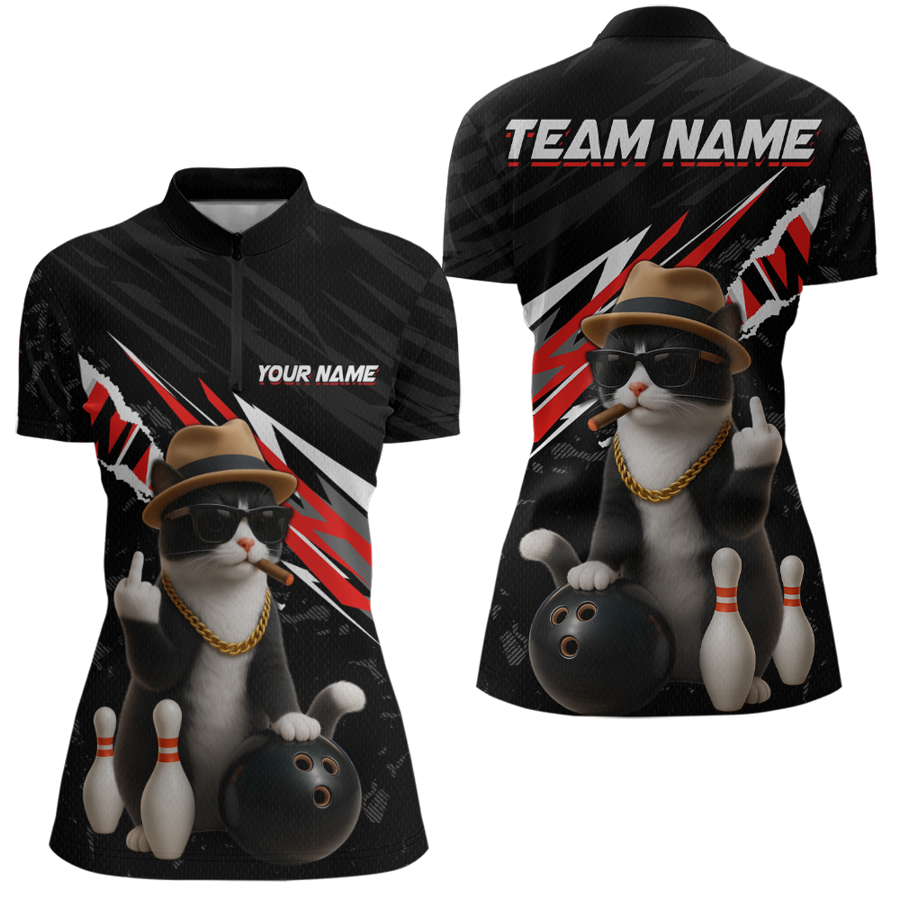 Custom Red Funny Cat Bowling Jersey for Women Bowling Shirt Polo & 1/4 Zip Bowling Team Shirts HNT136