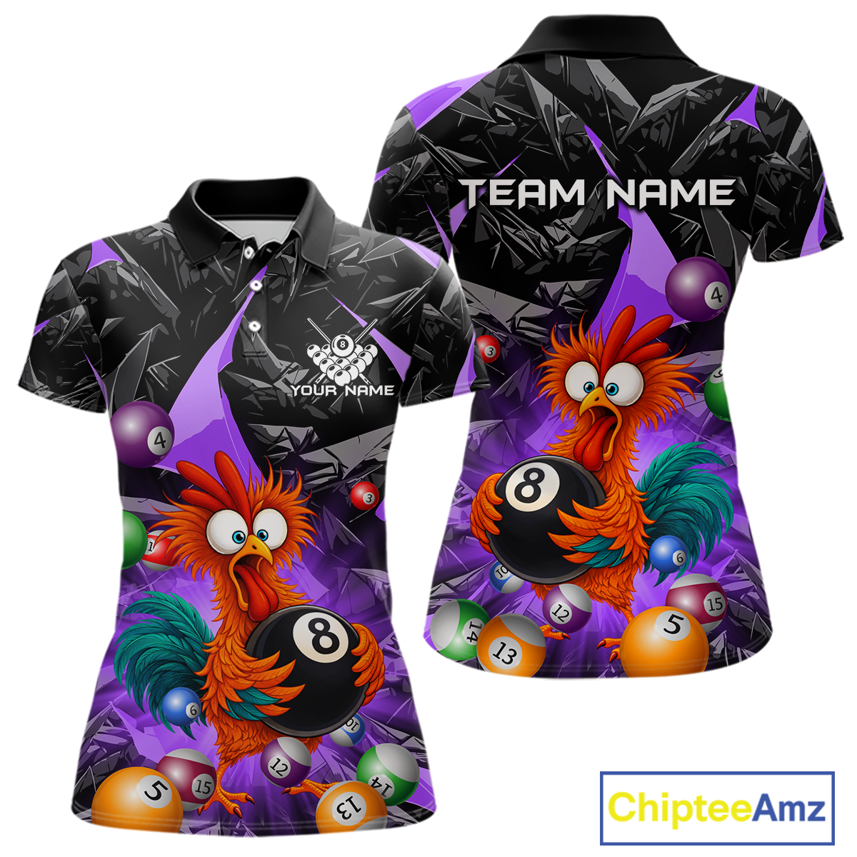Custom Funny Purple Chicken 8 Ball Pool Billiard Shirt for Women Polo & 1/4 Zip, Billiard Team Jerseys NNT148