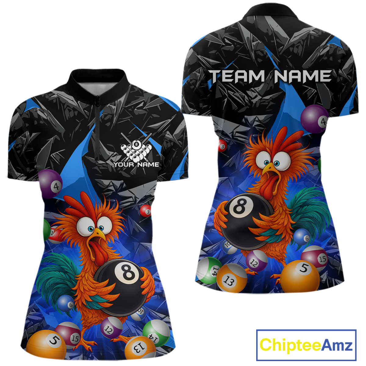 Custom Funny Blue Chicken 8 Ball Pool Billiard Shirt for Women Polo & 1/4 Zip, Billiard Team Jerseys NNT148