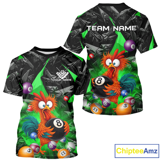T-shirt with a colorful rooster design and billiard balls on a black and green abstract background, featuring 'ChipteeAmz' branding.