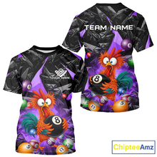 Load image into Gallery viewer, Colorful t-shirt with cartoon rooster and billiard balls design, featuring 'ChipteeAmz' branding.