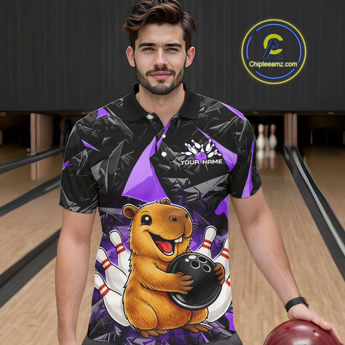 Custom Purple Capybara Bowling Jersey for Men Bowling Team Shirts Bowling Polo & 1/4 Zip HNT255