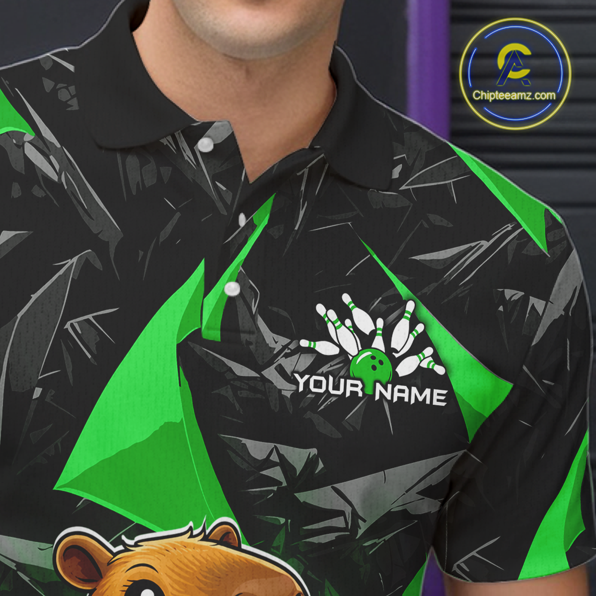 Custom Green Capybara Bowling Jersey for Men Bowling Team Shirts Bowling Polo & 1/4 Zip HNT255
