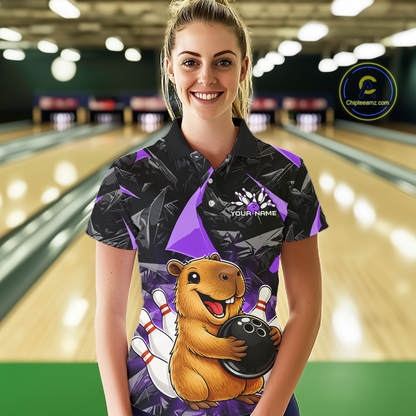 Custom Purple Capybara Bowling Jersey for Women Bowling Team Shirts Bowling Polo & 1/4 Zip HNT255