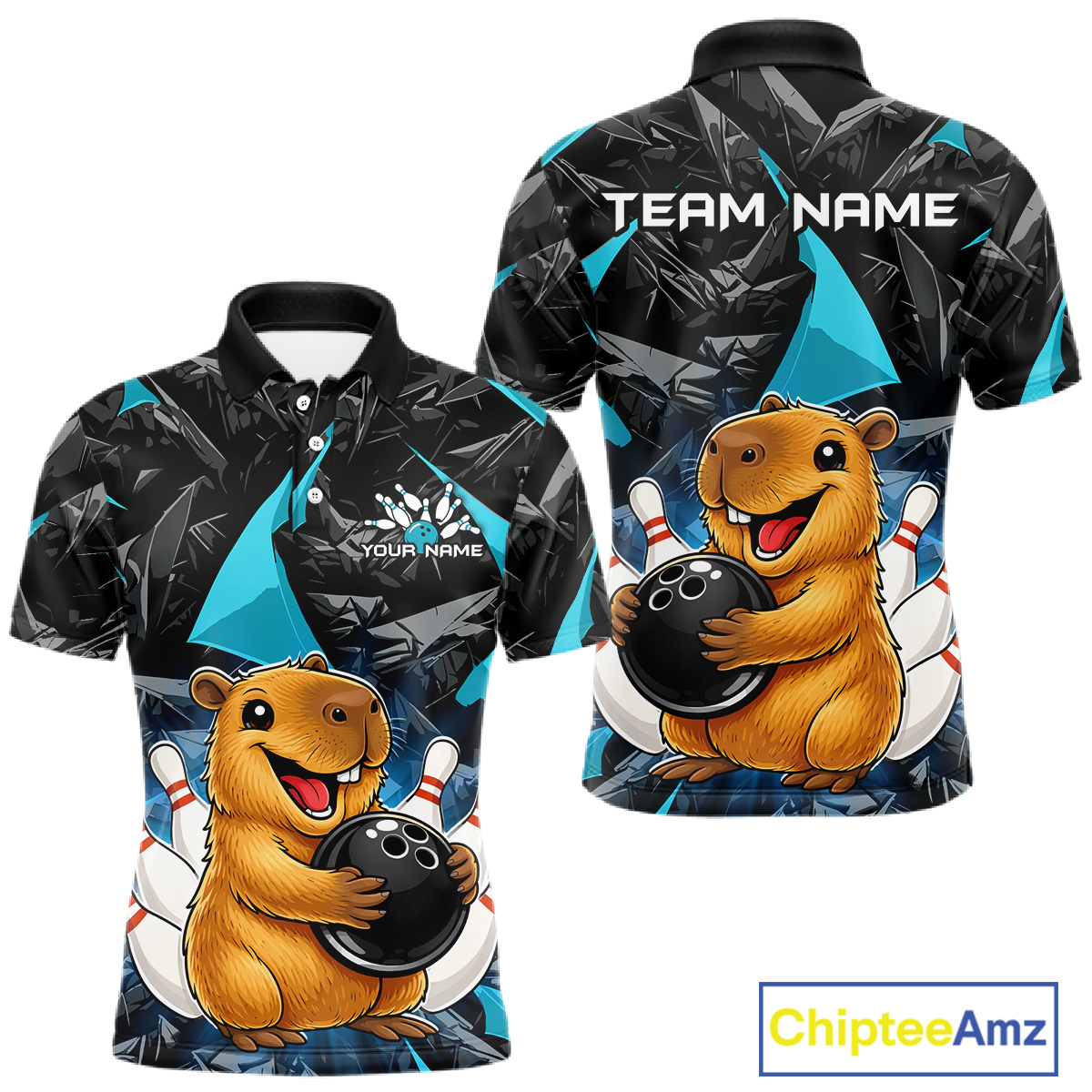 Custom Turquoise Capybara Bowling Jersey for Men Bowling Team Shirts Bowling Polo & 1/4 Zip HNT255