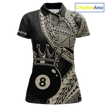 Load image into Gallery viewer, Women’s fitted polo dress in black and gold tones with layered Polynesian-style designs, abstract geometric textures, and a large crowned 8-ball centerpiece.