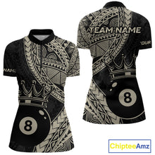 Load image into Gallery viewer, Women’s fitted quarter zip dress in black and gold tones with layered Polynesian-style designs, abstract geometric textures, and a large crowned 8-ball centerpiece.