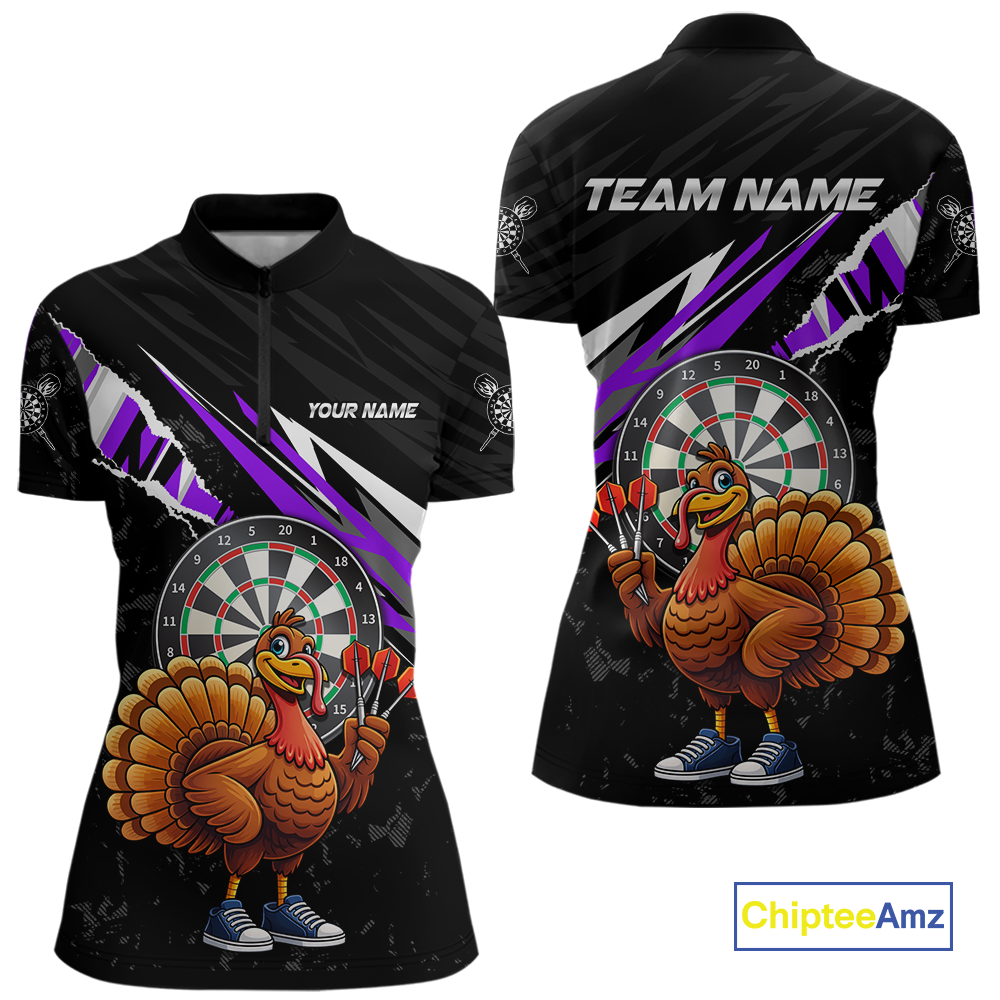Purple Funny Turkey Chicken Darts Shirt for Women Darts Team Jerseys Polo & 1/4 Zip Dart League NNT130