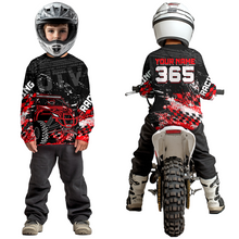 Load image into Gallery viewer, Kid wearing personalized racing shirt with an off-road vehicle integrated into tire track patterns, racing graphics, and custom name details.