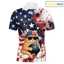 Load image into Gallery viewer, Front and back views of a patriotic bowling polo featuring a sunglasses-wearing orange tabby cat with an American flag bandana, bowling ball and pins, plus personalized name and team name text.