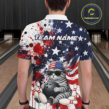 Load image into Gallery viewer, Person wearing a colorful bowling-themed shirt with a cat holding a bowling ball in a bowling alley.