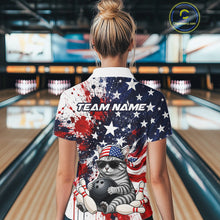 Load image into Gallery viewer, Person wearing a colorful bowling shirt with a cat design and 'Team Name' text in a bowling alley.