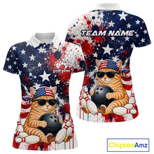 Load image into Gallery viewer, Polo shirt with American flag design and cat holding a bowling ball, featuring 'Chiptee Amz' branding.