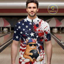 Load image into Gallery viewer, Man wearing a bowling shirt with a cat design in a bowling alley