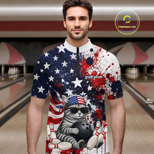 Load image into Gallery viewer, Man wearing a bowling-themed shirt with American flag design in a bowling alley.