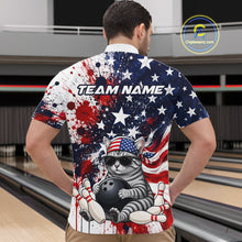 Load image into Gallery viewer, Man wearing a bowling-themed shirt with American flag design in a bowling alley.