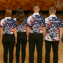 Load image into Gallery viewer, Four people wearing matching bowling shirts with a patriotic design on a bowling alley.