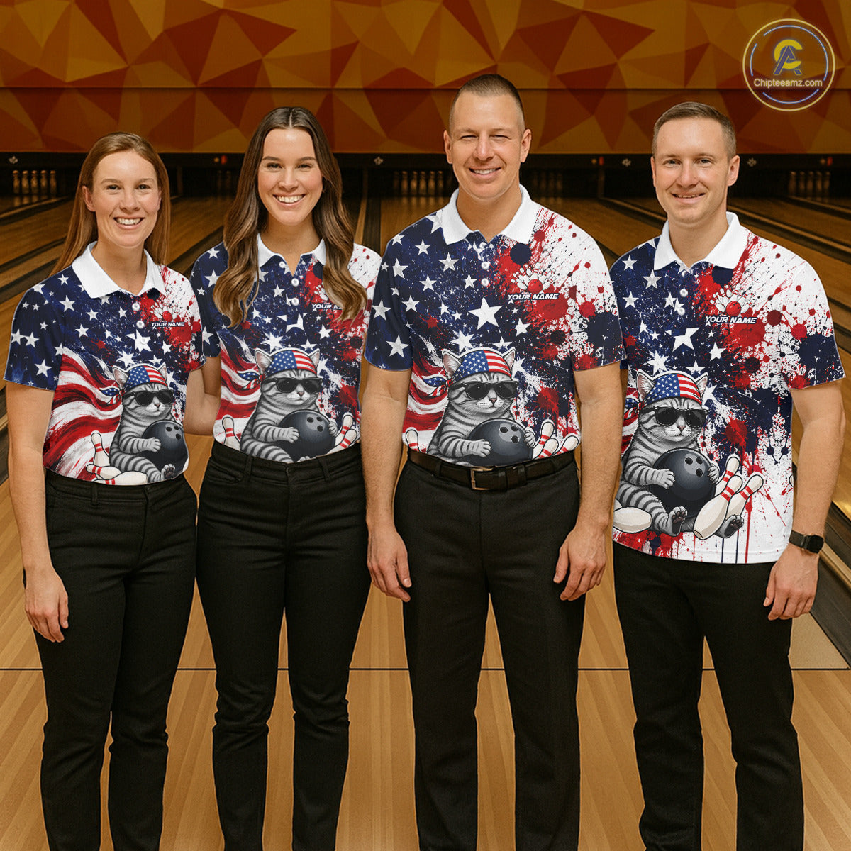 Four people wearing matching American flag-themed shirts with cat graphics in a bowling alley.