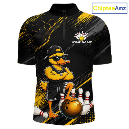 Black and yellow bowling shirt with cartoon duck character and 'ChipteeAmz' branding.