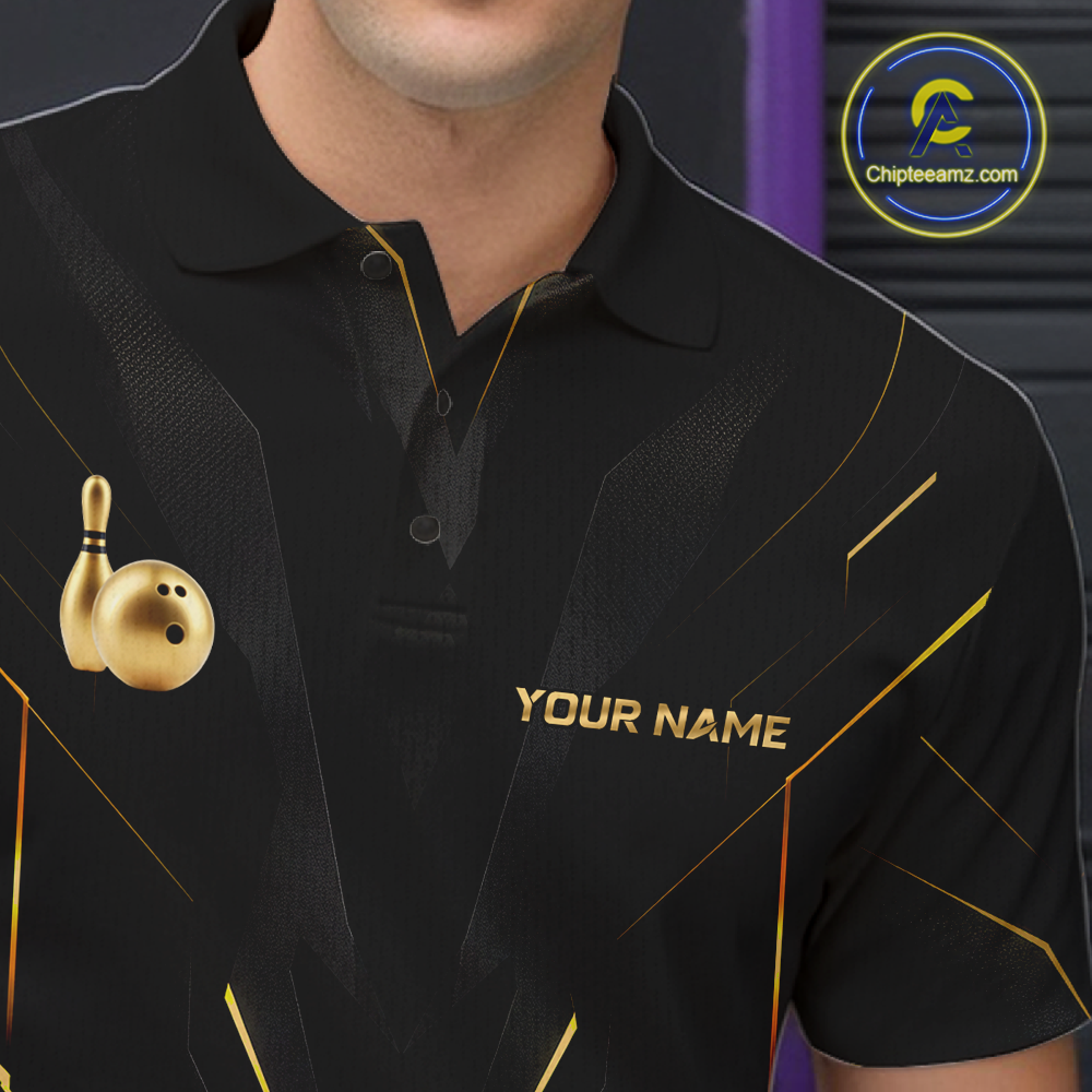 Black polo shirt with gold accents and 'Your Name' text, featuring bowling pins and ball graphics.