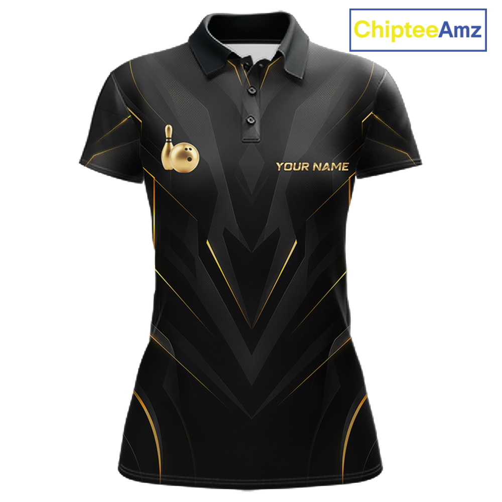 Front views of a sleek black bowling polo shirt with gold geometric accents, featuring custom “YOUR NAME” text alongside metallic gold bowling pin graphics.