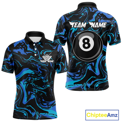 Front and back views of a men’s black billiards polo with turquoise and teal marble patterns, custom team text, and a large 8-ball graphic on the back.
