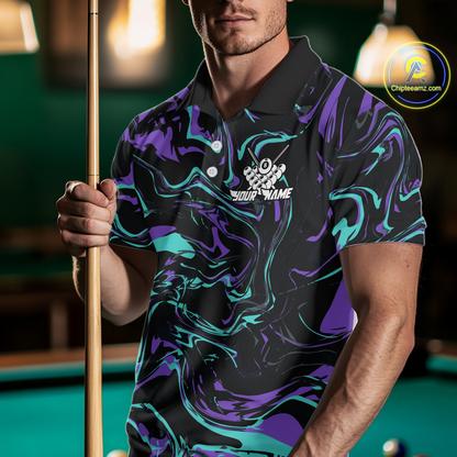 Man wearing a black billiards polo with teal and purple marble swirls, a custom chest name logo, and a pool table in the background.