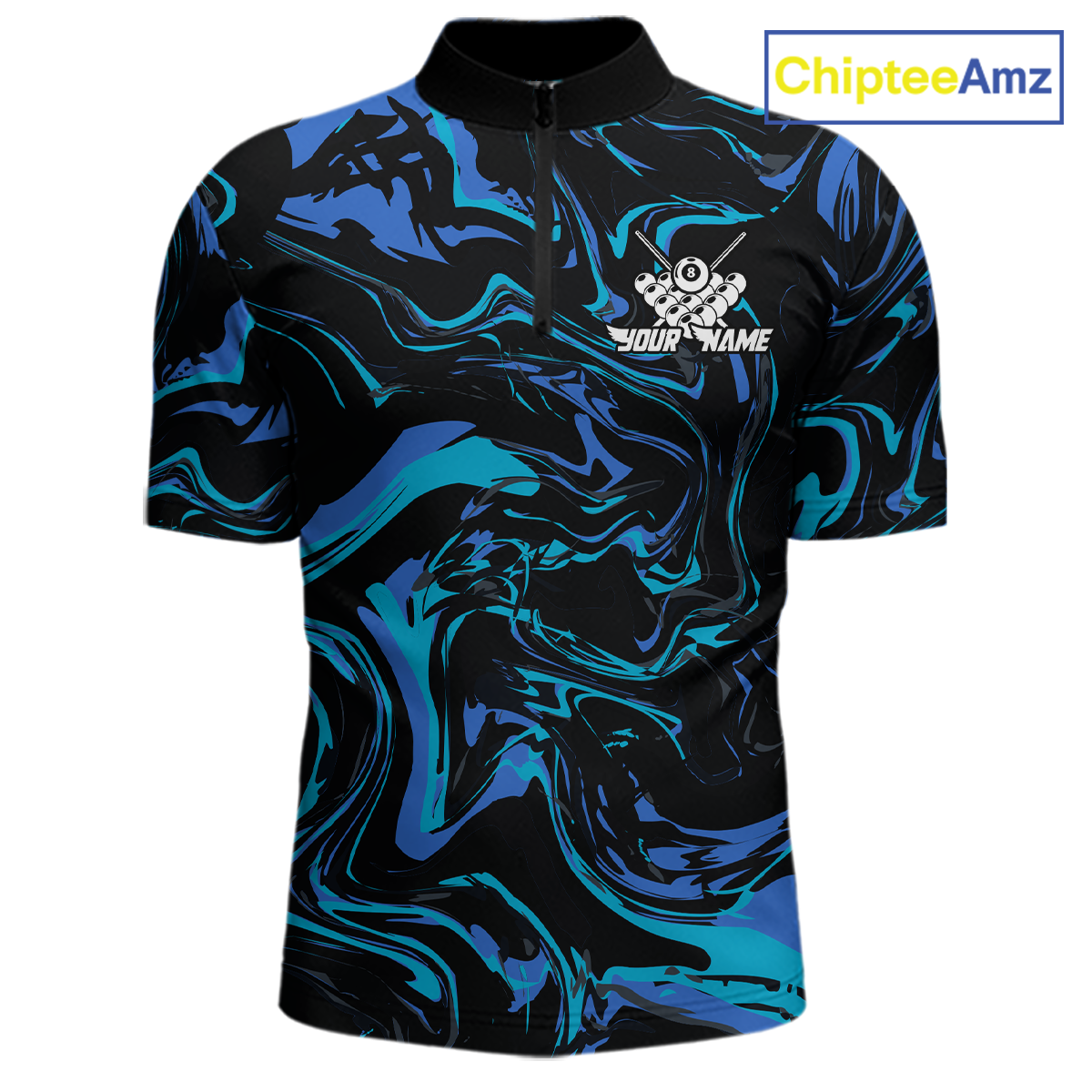 Front views of a men’s black billiards quarter zip with turquoise and teal marble patterns