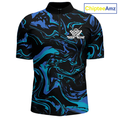 Front views of a men’s black billiards quarter zip with turquoise and teal marble patterns