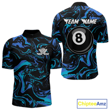Load image into Gallery viewer, Front and back views of a men’s black billiards quarter zip with turquoise and teal marble patterns, custom team text, and a large 8-ball graphic on the back.