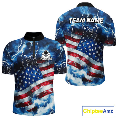 Custom short-sleeve polo shirt shown from the front and back, featuring a blue lightning and storm cloud design over an American flag pattern. The front has a black collar and a partial black zipper, with a customizable chest graphic.