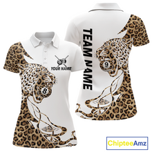 Load image into Gallery viewer, Front and back views of a white billiards polo with leopard-print panels, a roaring leopard graphic, custom team text, and 8-ball and 9-ball details.