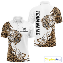 Load image into Gallery viewer, Front and back views of a white billiards polo with leopard-print panels, a roaring leopard graphic, custom team text, and 8-ball and 9-ball details.