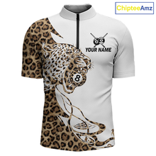 Load image into Gallery viewer, Front views of a white billiards quarter zip with leopard-print panels, a roaring leopard graphic, custom team text, and 8-ball details.
