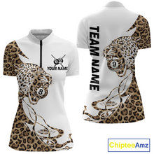 Load image into Gallery viewer, Front and back views of a white billiards quarter zip with leopard-print panels, a roaring leopard graphic, custom team text, and 8-ball and 9-ball details.