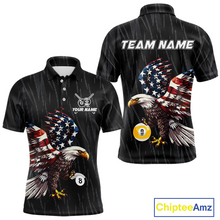 Load image into Gallery viewer, Front and back views of a black billiards polo with a distressed American flag eagle pattern and large 8-ball and 9-ball graphics.