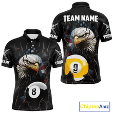 Load image into Gallery viewer, Front and back views of a black billiards polo featuring a bald eagle graphic, cracked flag background, and large 8-ball and 9-ball designs.