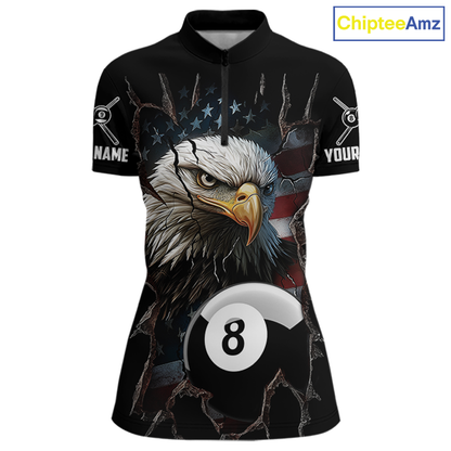 Front views of a black billiards quarter zip featuring a bald eagle graphic, cracked flag background, and large 8-ball designs.