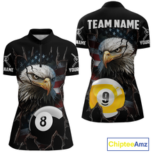 Load image into Gallery viewer, Front and back views of a black billiards quarter zip featuring a bald eagle graphic, cracked flag background, and large 8-ball and 9-ball designs.