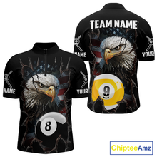 Load image into Gallery viewer, Front and back views of a black billiards quarter zip featuring a bald eagle graphic, cracked flag background, and large 8-ball and 9-ball designs.