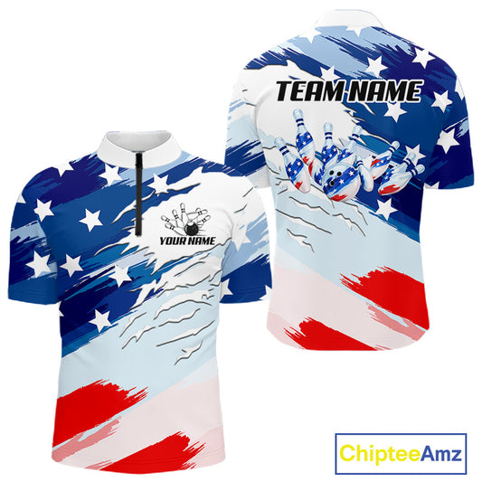 Custom American flag themed bowling jerseys shown from both front and back. The design features a patriotic brushstroke pattern of red, white, and blue with white stars, and customizable text placeholders 'YOUR NAME' and 'TEAM NAME' along with a bowling graphic.