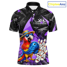 Load image into Gallery viewer, Colorful parrot with a bowling ball and pins design on a black and purple background, branded 'ChipteeAmz'.
