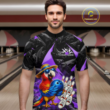 Load image into Gallery viewer, Man wearing a colorful bowling shirt with a parrot design in a bowling alley.