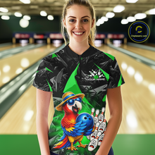 Load image into Gallery viewer, Woman wearing a custom bowling shirt with a parrot design in a bowling alley.