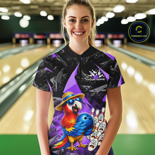 Load image into Gallery viewer, Person wearing a bowling shirt with a parrot design in a bowling alley.