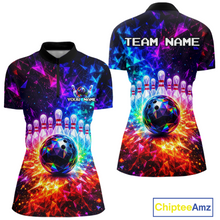 Load image into Gallery viewer, Colorful bowling-themed polo shirt with 'Team Name' and 'Your Name' text on a white background.