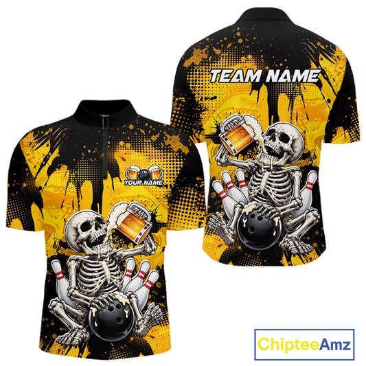 A short-sleeve athletic quarter-zip shirt shown from both front and back, featuring a bold bowling-themed graphic with skeletons, bowling balls, pins, and yellow paint-splatter background. The front has a small 'YOUR NAME' placeholder and the back has 'TEAM NAME' placeholder.