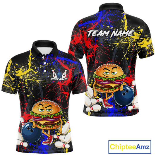 Front and back views of a short-sleeve black polo shirt with a colorful bowling-themed graphic featuring a cartoon burger character, bowling balls, and paint splatter. The front shows placeholder text 'YOUR NAME' and 'TEAM NAME' on the back.